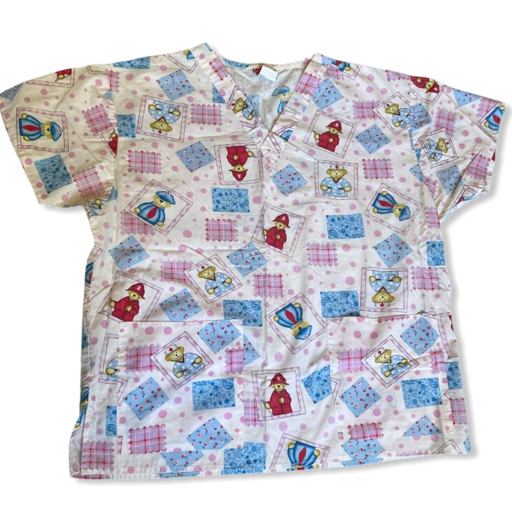 Emergency Teddy Bear & Patchwork Pattern Scrub Top